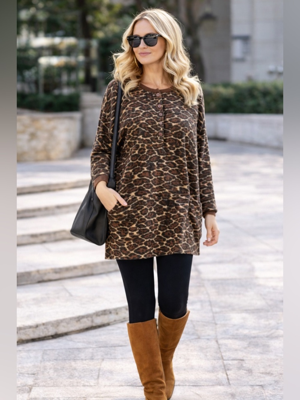 Anthony Richards Leopard Print Tunic Top 1X Henley Button Plush Lounge Boho Cozy